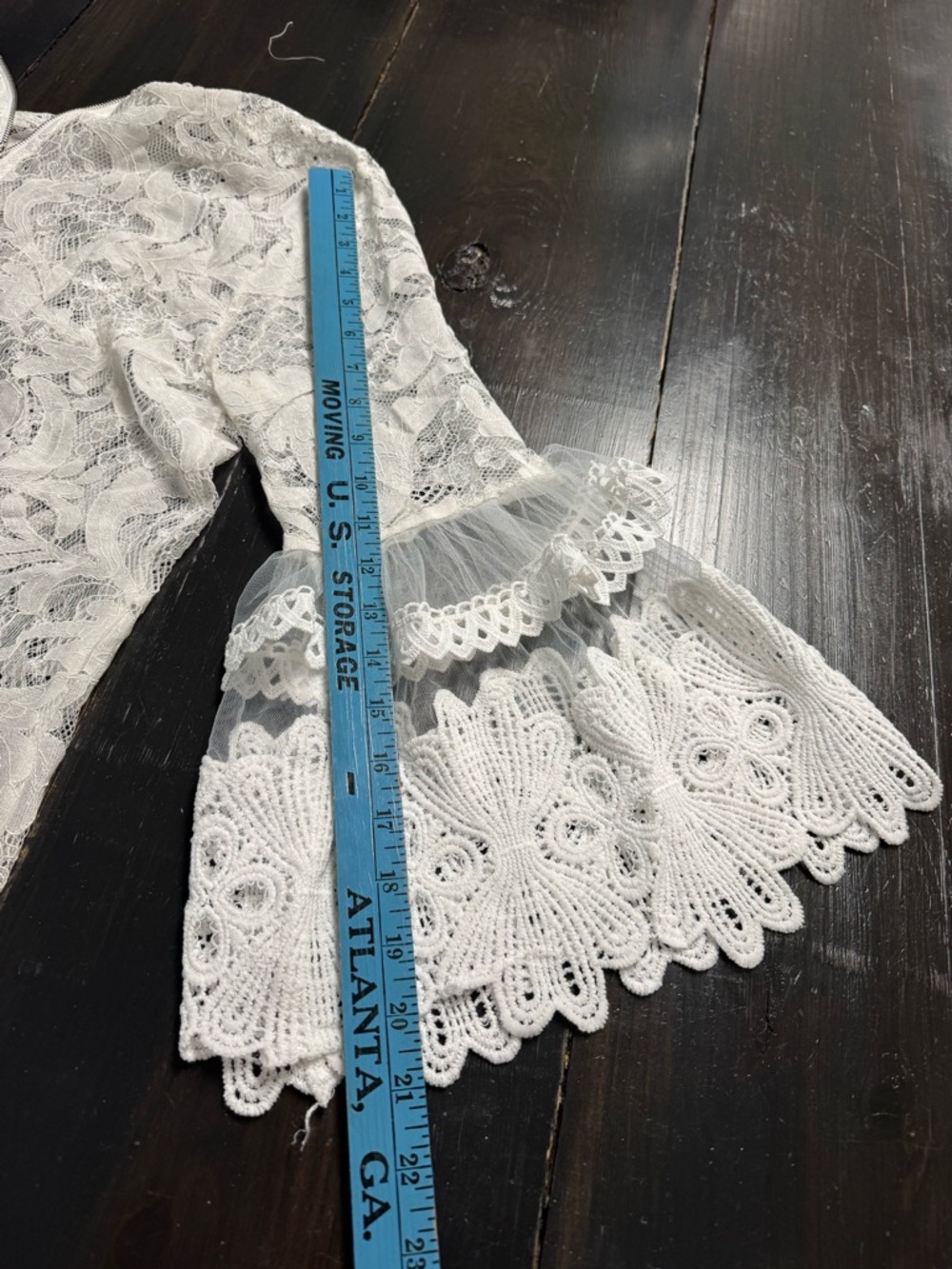 Women's White Lace Crochet Blouse with Tiered Bell Sleeves - Picture 7 of 11